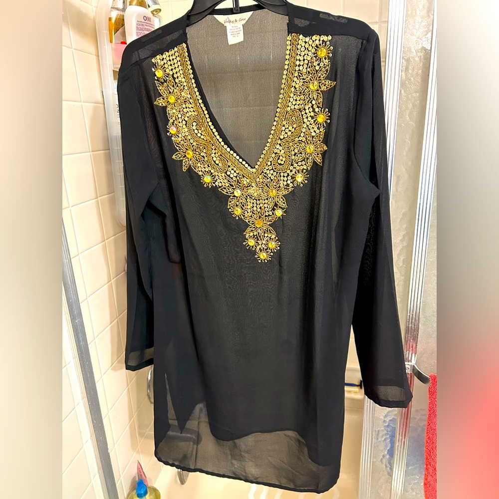 Lucky and Coco Black and Gold Embellished Tunic with 3/4 Sleeves.